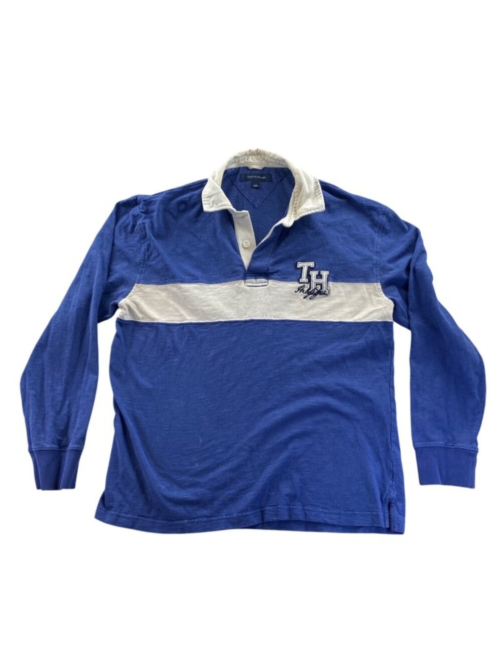 Tommy Hilfiger Men’s Rugby Shirt Large Blue Striped Long Sleeve Polos Casual Top